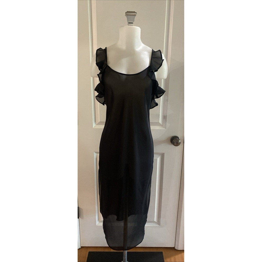 California Dynasty VTG Y2K Babydoll Ruffle Sheer Black Slip Dress‎ Night Gown- M